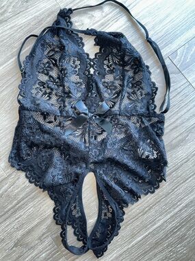 Black Lace Halter Teddy with Satin Bow